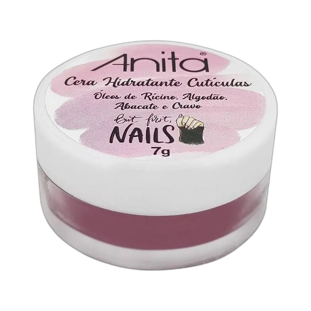 Pote pequeno da Cera Hidratante de Cutículas Anita But First Nails 7g com tampa branca e rótulo rosa claro